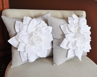 two decorative pillows flower pillows white dahlias on gray pillows 14 x 14 toss pillow - White Decorative Pillows two decorative pillows flower pillows white dahlias on gray pillows 14 x 14 toss pillow - White Decorative Pillows