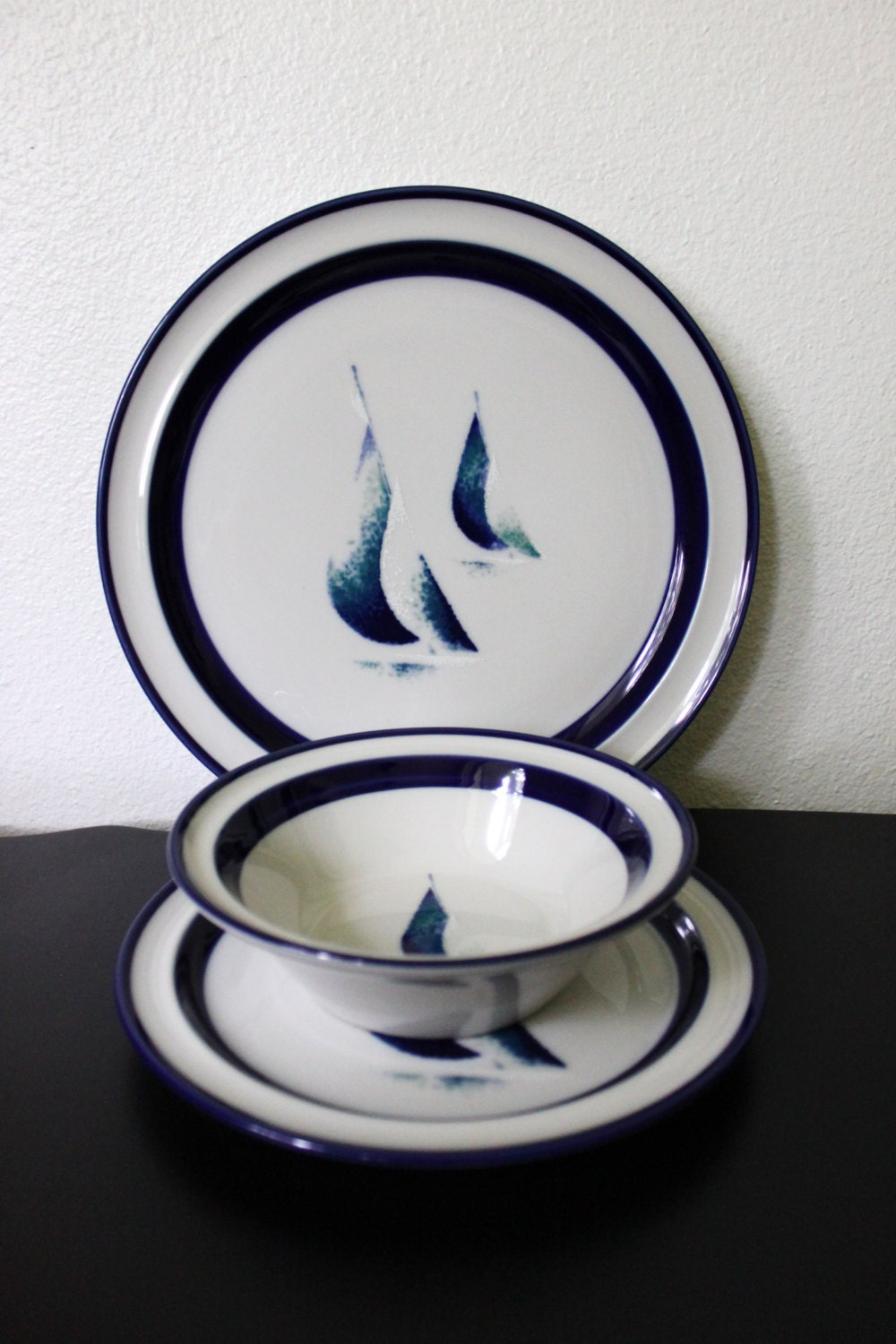 Vintage NORITAKE Stoneware Set SAILBOATS Dinner plate Saucer