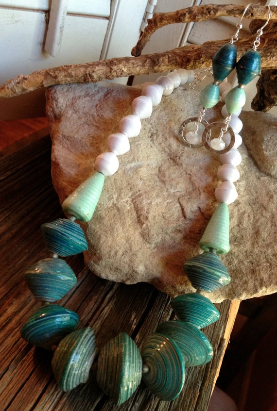 Beautiful mint & teal paper bead necklace earring set Beads