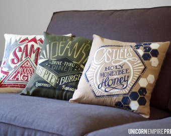 Supernatural Pillow Covers // Set of three Winchester pillow covers // 16 x 16" Flannel Backed Pillow covers // Hand Screen Printed