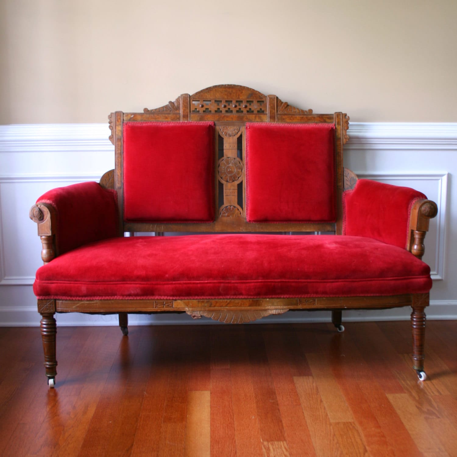 Vintage Eastlake Sofa Antique Settee Love Seat Red Couch