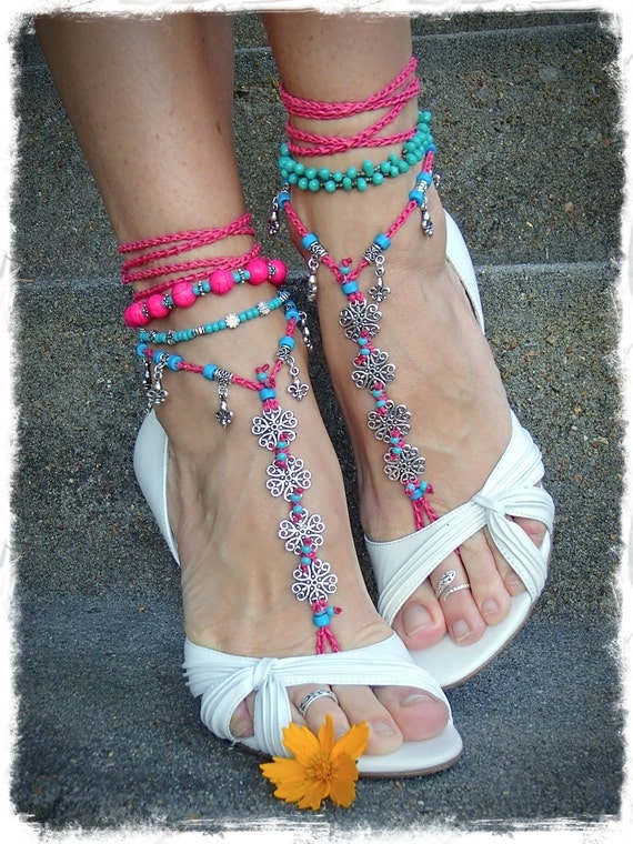 HAWAII wedding BAREFOOT SANDALS Hot Pink Flowers crochet Sandals foot ...