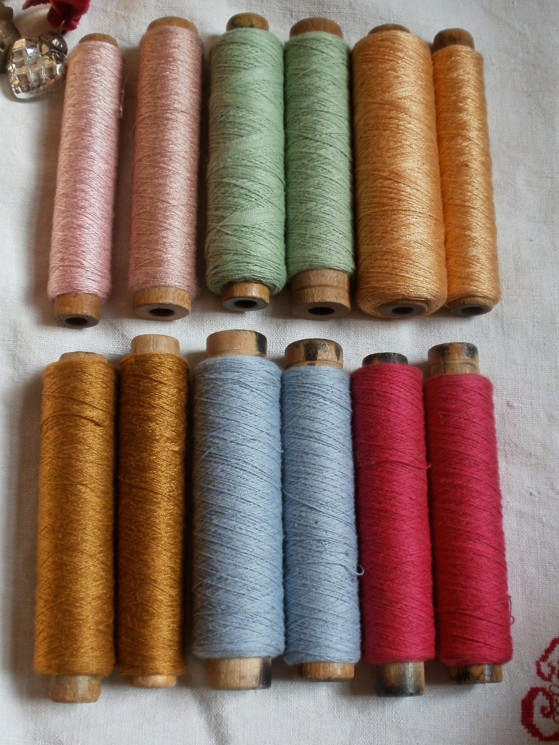 Antique Wooden Spindles Wool Bobbins Choice of Two Colors per