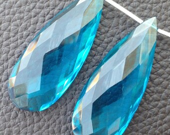 AMAZING Superb Amazing Matched Pair, 40x15mm Long, SWISS BLUE Quartz Elongated Faceted Pear pair.Low Price