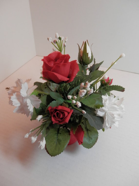 7 Silk Flower Arrangement Red Roses White Carnations