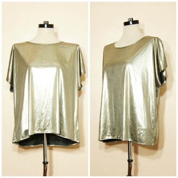 80s Silver Lamé Shirt Metallic OSFM Oversize Wet Look Shiny