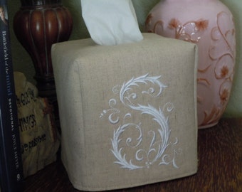 Custom - Made To Order - Monogrammed Essex Natural Linen Tissue Box Cover - French Lettering "S"