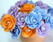 Miniature Roses Polymer Clay Flowers Supplies for Beaded Jewelry 12 pcs. in shade of Lavender-Blue-Orange, 3 tones