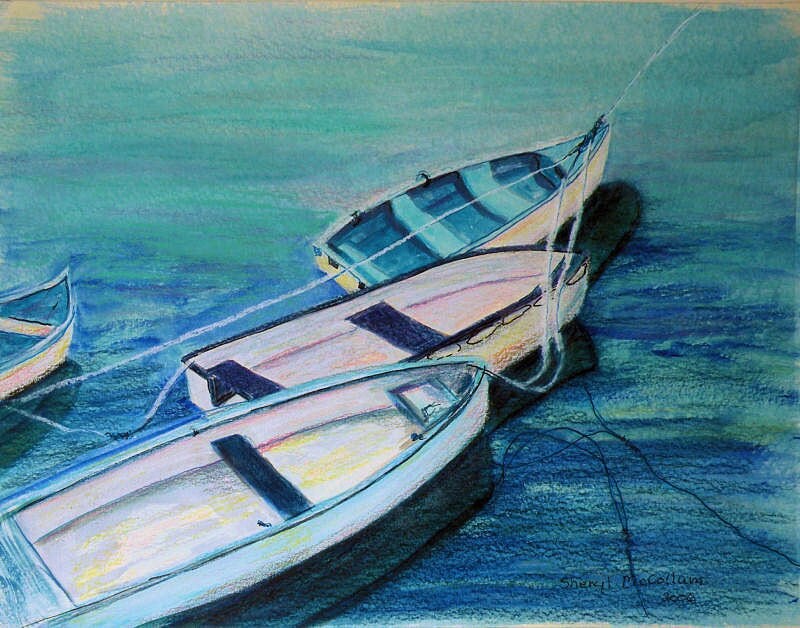 Watercolor and Colored Pencil Drawing Boats in Blue Original