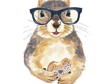 Squirrel Print - Watercolor Print, Nerd Glasses, Nerd Squirrel, Sprinkle Donut, 5x7 Art Print
