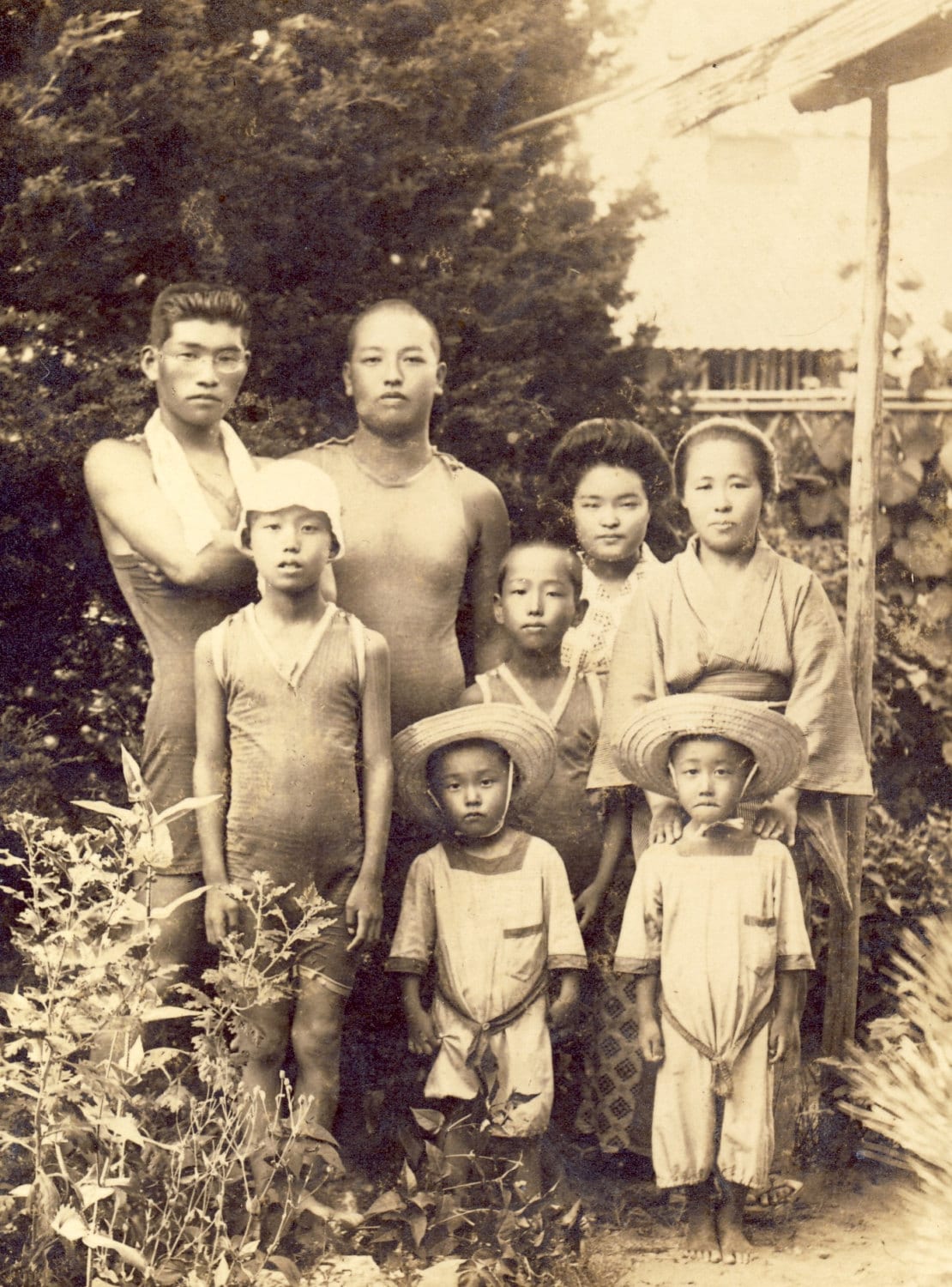 RURAL JAPANESE FAMILY in Bathing Suits and Children with Straw
