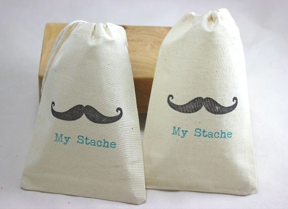 50 Black and Teal My Stache Mustache Organic Muslin Cotton Drawstring Favor Gift Bags 4X6 - You choose ink color Il_570xn