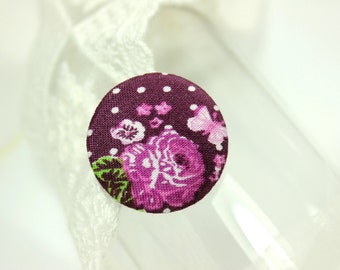 Elegant Polka Dots and Peony Flowers Violet Fabric Buttons, 1.18 inch. (6 in a set)