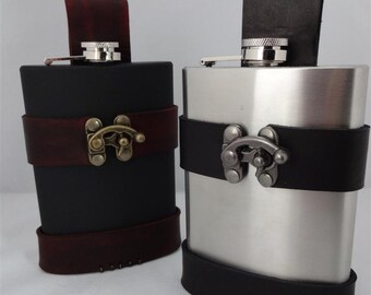 8oz Stainless Steel Flask and Custom Holster / Holder for Steampunk Pirate or Renaissance