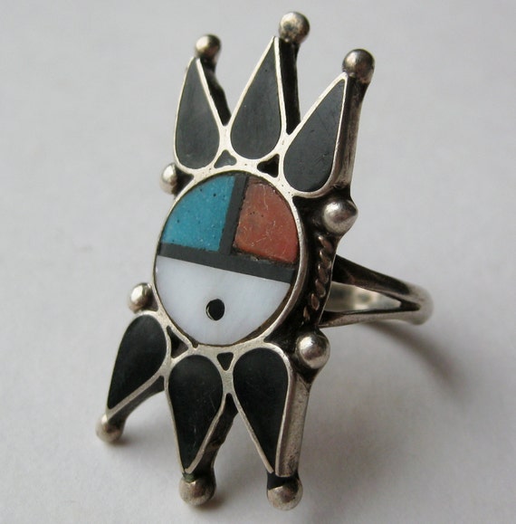 Vintage Ring Zuni Sterling Silver Turquoise Coral Mother of Pearl ...