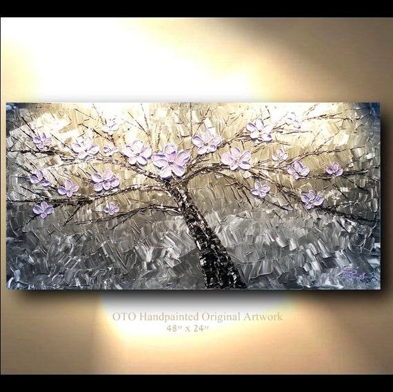 ORIGINAL Oil Painting Abstract Flower Tree Metallic Silver