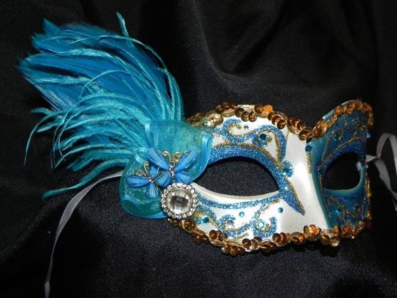 Feather Masquerade Mask in Light Blue and Turquoise