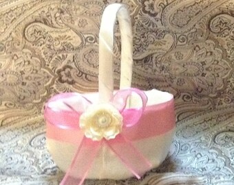 wedding flower girl basket ivory and pink color custom made