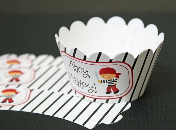 Set of 12 Boy's Pirate Birthday Party Ahoy Matey Cupcake Wrappers Il_570xn