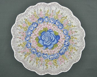 VINTAGE HANKIE, Blue Roses on White, Round, Scalloped Edge, Corded, Pink Green Accents, Pocket Hankie, Excellent Condition