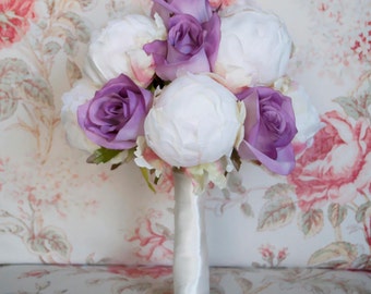 Ivory and Lavender Wedding Bouquet - Ivory Peony and Lavender Rose Wedding Bouquet