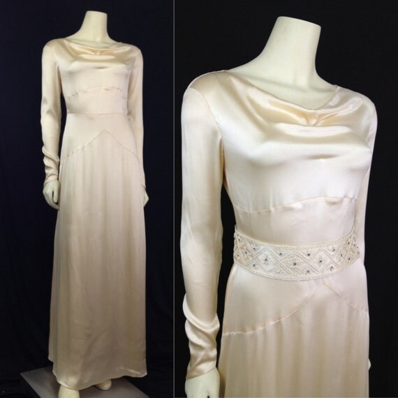 Vintage 1930s Wedding dress beaded silk satin Bias cut Beaded