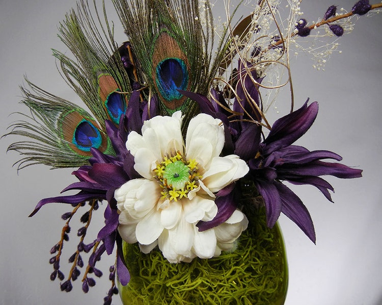 Peacock Feather Floral Arrangement With Purple By Rachelsheart