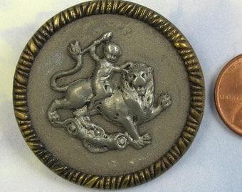 Antique Victorian Button Lion Picture Button 1 1/2 Large Brass Button 207