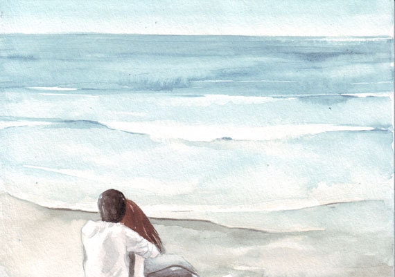 Original watercolor art couple on beach painting by HelgaMcL