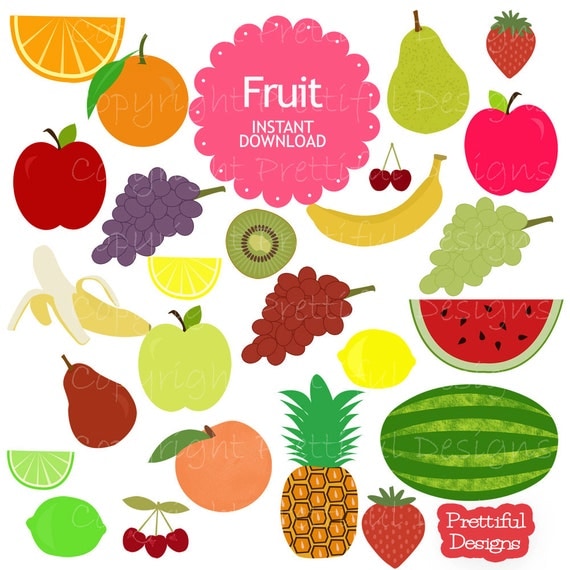 50% OFF SALE Fruit Clip Art Grape Watermelon Pear Strawberry Cherry Lemon Lime Peach Pineapple Orange (602) Il_570xn