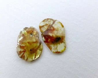 DiAMOND SLiCES. Faceted. MATCHeD PAiR. Natural. Red / Rust Patterns on Yellow Body. 2 pc. 1.60 cts. 10.5x7.8 and 11.5x7.7 mm (Dia262)