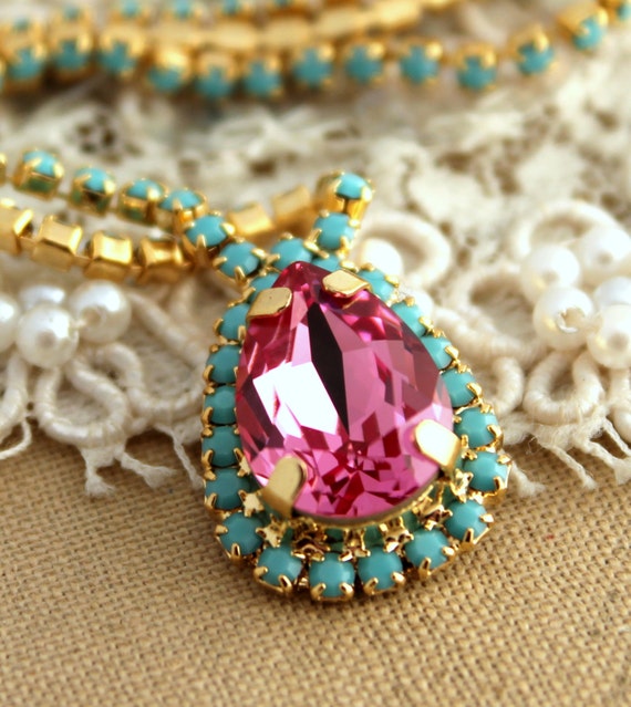 Crystal turquoise pink  Swarovski necklace,Bridal necklace, wedding jewelry,bridesmaid jewelry - Plated 14 k gold