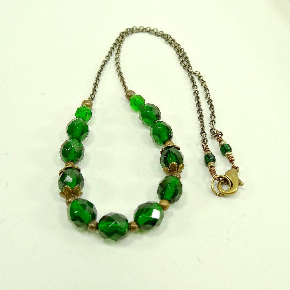 Emerald Green Necklace Beaded Jewelry Brass by NeysCrochetStudio