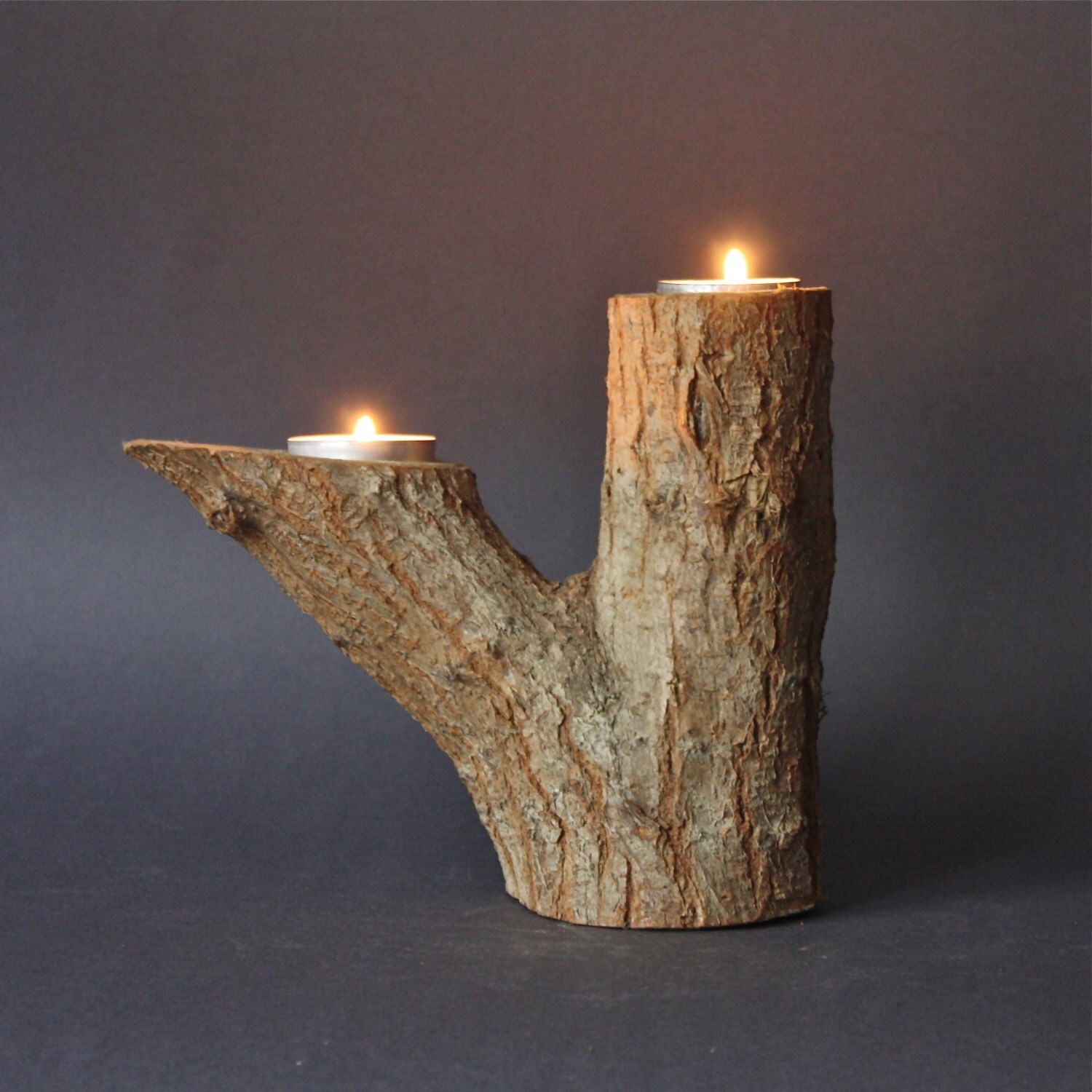 Vintage Tree Branch Natural Wood Double Candle Holder