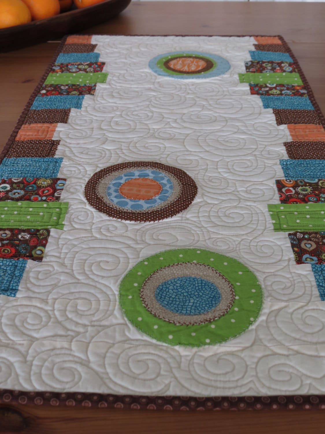 Bold Modern Quilted Table Runner with Appliqued Circles in