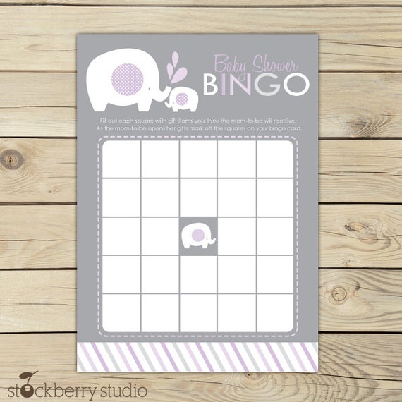 Elephant Baby Shower Bingo Game - Purple Gray - Girl Baby Shower Bingo Cards - Lavender Baby Shower Games Printable - Instant Download Il_570xn