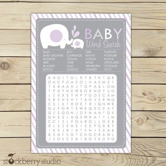 Elephant Baby Shower Baby Word Search Game Printable - Girl Baby Shower Games - Purple and Gray Baby Shower - Instant Download - Lavender Il_570xn