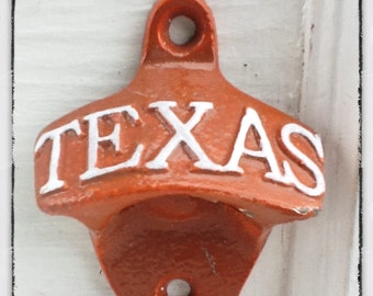 Rustic Cast Iron Texas Bottle Opener-Beer Soda Pop-Retro Opener -Wall Mounted-Texas Longhorns Football-June Trends-Gift For Dad