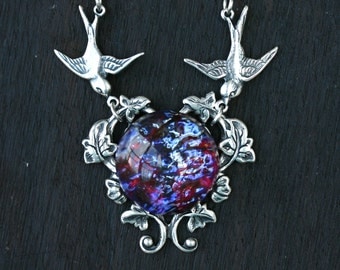 Fire Opal Necklace with Birds in Dragon Breath
