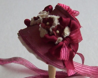 Handmade 1/12th scale dollhouse miniature beautiful dark pink silk narrow bonnet