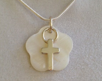 Silver Cross and Mother of Pearl Necklace