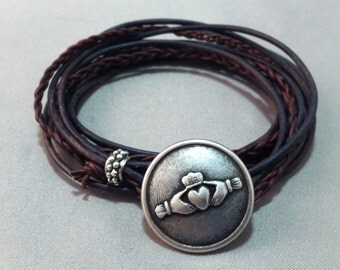 Leather Wrap Bracelet with Claddagh Symbol Closure, Celtic Wrap, Claddagh Bracelet, Celtic jewelry