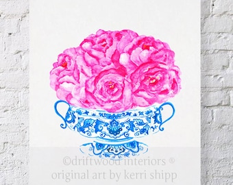 Blue and White China Vase with Pink Roses - "Bouquet in Flow Blue" Watercolor Print 8x10 - Ginger Jar Print - Chinoiserie Art Print