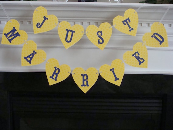 Just Married Wedding Banner - Yellow Heart Pennants with JEWELS & Blue Letters