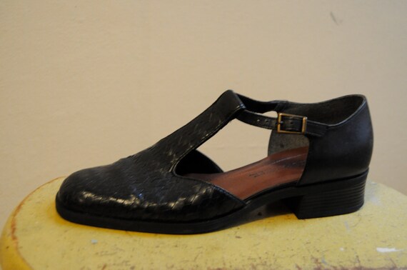 brown t strap flats