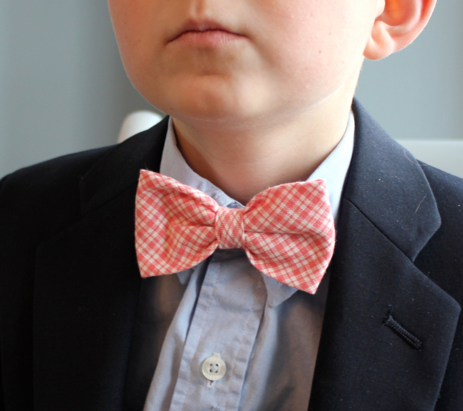 Boys Bow tie in Coral Double Gingham Clip on ring bearer