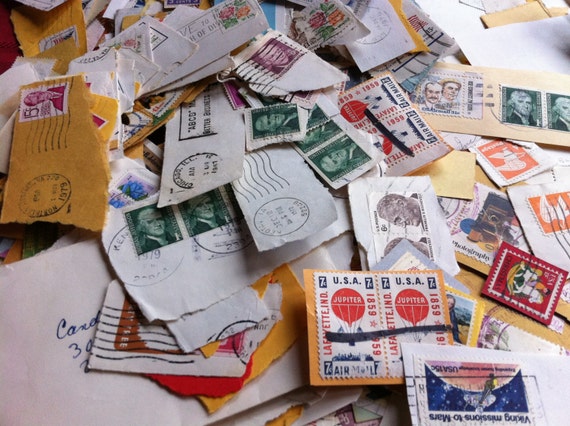 Vintage Postal Stamps Paper Ephemera Lot of 50 Great Colors Graphics Paper Ephemera Mixed Media Paper Craft