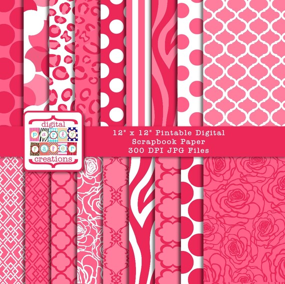 Digital Paper Pack - Pink Red Animal Print, Quatrefoil, Dots, Stripes, Floral INSTANT DOWNLOAD Il_570xn