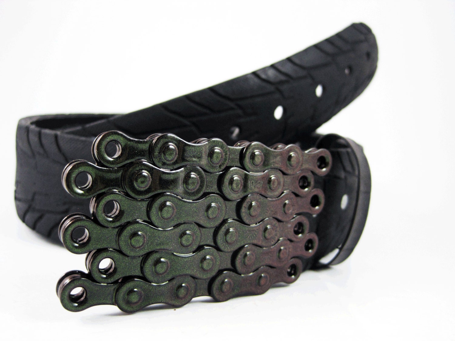 Recycled Bike Chain Belt Buckle Flat Iridescent Green Finish