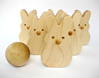 Wooden Toy Bunny Bowling Set of 6 Skittles, wood toddler toy